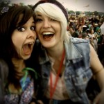 Freya and Ellie enjoying a crazy moment at Glastonbury